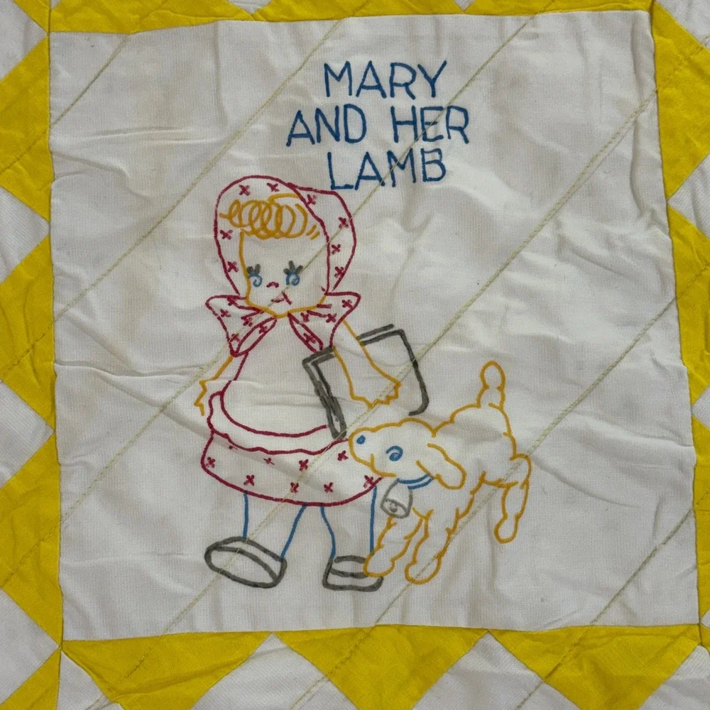 Vintage Nursery Rhyme Baby Quilt Yellow White Hand Painted Hand Made 40x51